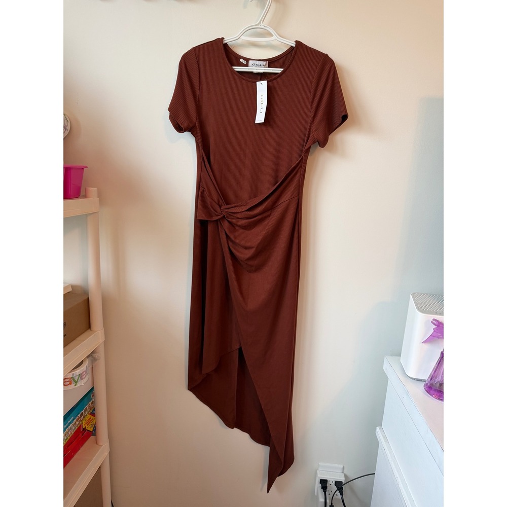 Gilli Rust Brown Ribbed Twist Front Asymmetrical Midi Dress AD2142-1 New